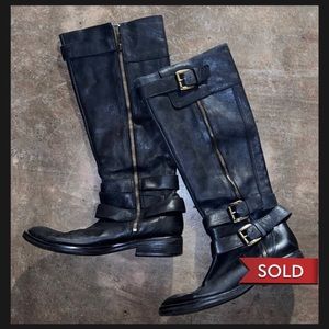 Enzo Angiolini knee high leather moto boots w decorative buckles & zippers. (8)